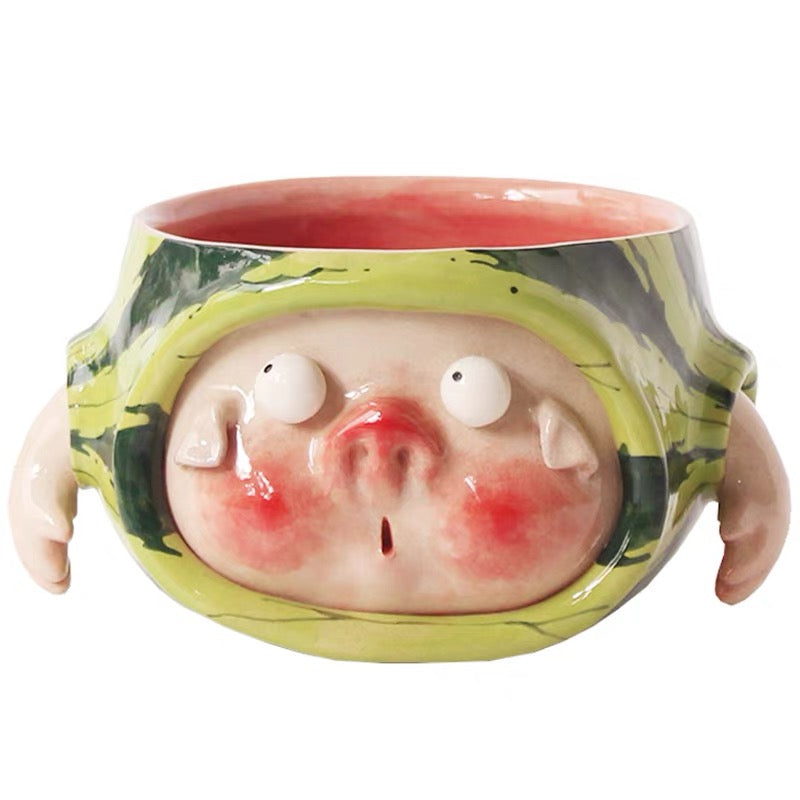 Cute Watermelon Pig Ceramic Bowl (with handle)