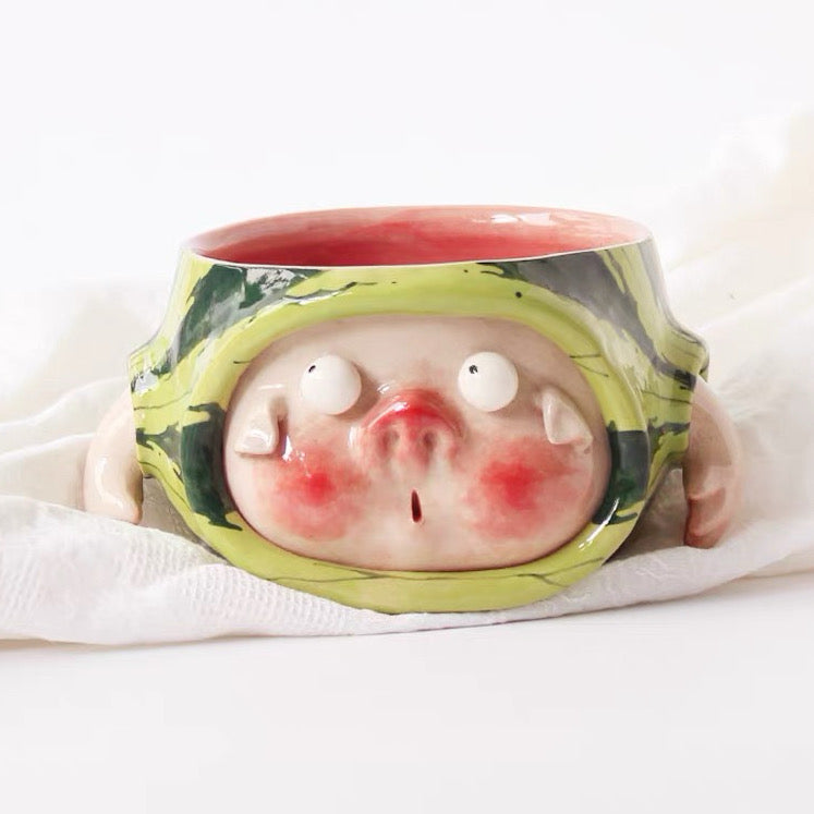 Cute Watermelon Pig Ceramic Bowl (with handle)